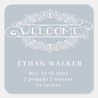 decorative script welcome baby boy blue square sticker