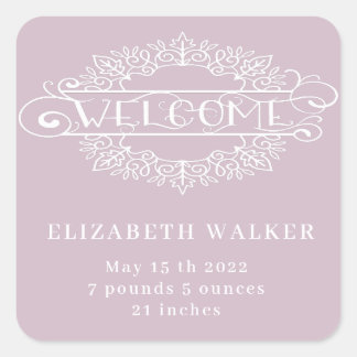 decorative script welcome baby girl blush square sticker