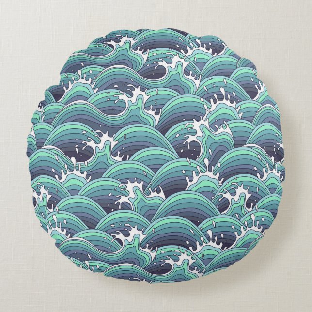 Decorative Sea Wave Background Round Pillow (Front)