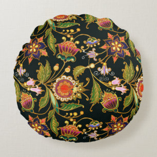 decorative seamless pattern. Flowers leaves curls Round Pillow