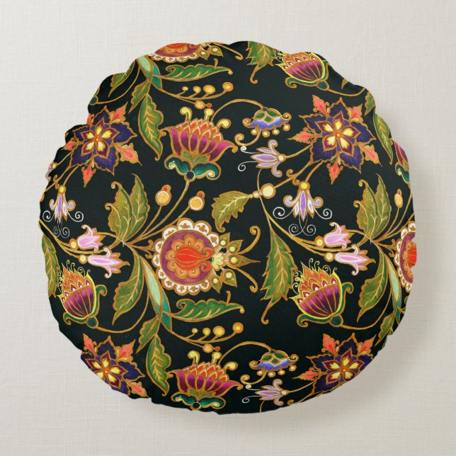 decorative seamless pattern. Flowers leaves curls  Round Pillow (Front)