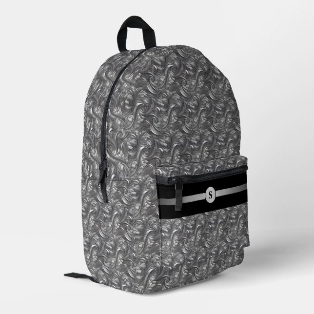 Decorative Silver Grey & Black Personalized  Printed Backpack (Back Corner Left)