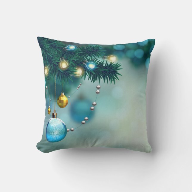 Decorative Snow Blue & Gold Ball Merry Christmas Throw Pillow (Front)