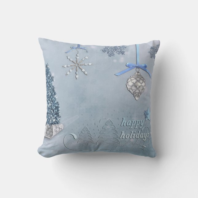 Decorative Snow Blue & White Ball Happy Holidays Throw Pillow (Front)