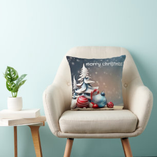 Decorative Snow Blue & White Ball Happy Holidays Throw Pillow