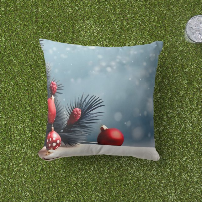 Decorative Snow Blue & White Ball Merry Christmas Outdoor Pillow (Grass)