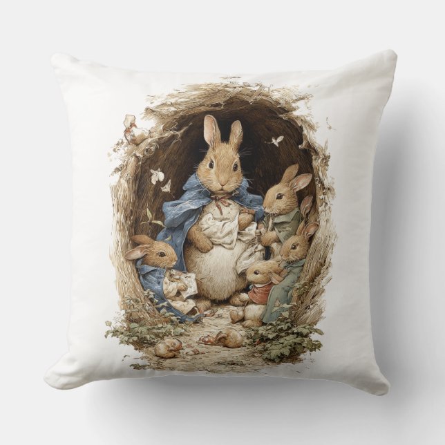 Decorative Spring Rabbit Flowers Throw Pillow (Front)