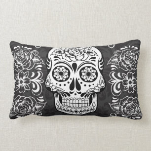 Decorative Sugar Skull Black White Gothic Grunge Lumbar Pillow