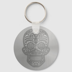 Decorative Sugar Skull with a Stainless Steel Look Keychain