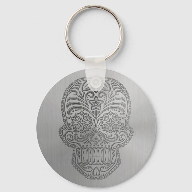 Decorative Sugar Skull with a Stainless Steel Look Keychain (Front)
