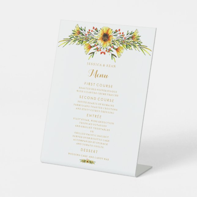 Decorative Summer Flowers Wedding Menu Pedestal Sign (Front)