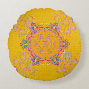 Decorative symmetry arabesque. Beige, pink and yel Round Pillow
