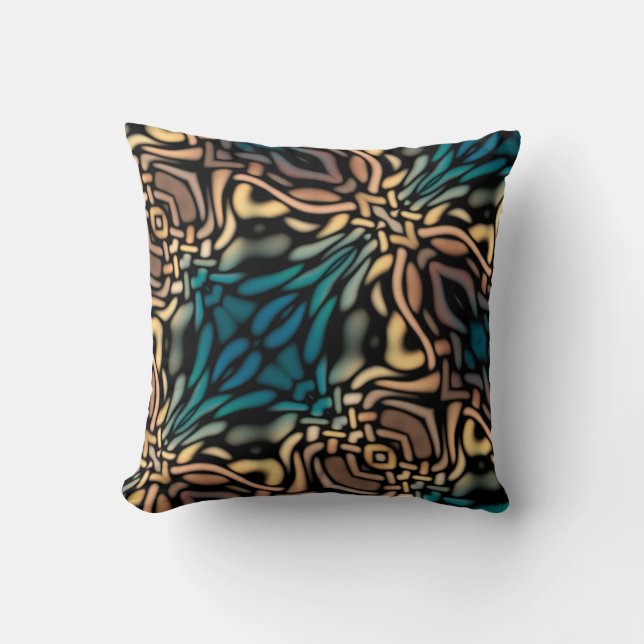 Decorative Teal Blue Gold Pattern Throw Pillow (Front)