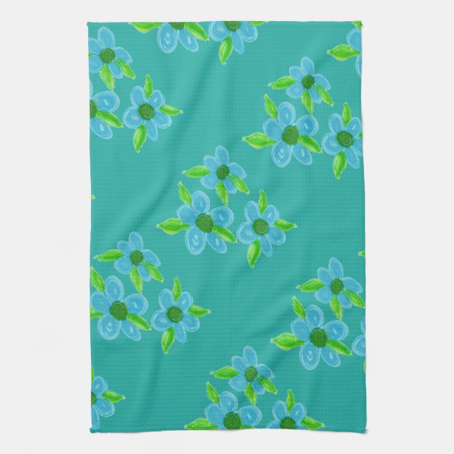 Decorative Teal Flowered Kitchen Towel (Vertical)