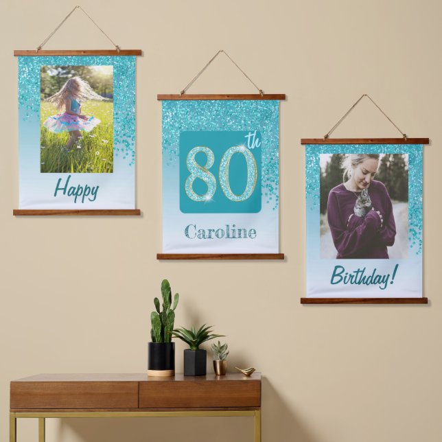 Decorative Teal Glitter 2 Photos 80th Birthday Hanging Tapestry (Asymmetrical)