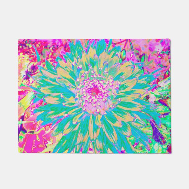 Decorative Teal Green and Hot Pink Dahlia Flower Doormat (Front)