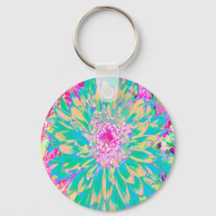 Decorative Teal Green and Hot Pink Dahlia Flower Keychain