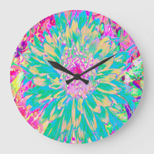 Decorative Teal Green and Hot Pink Dahlia Flower Large Clock