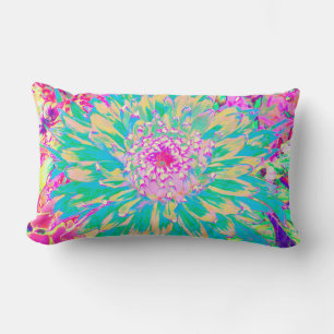 Decorative Teal Green and Hot Pink Dahlia Flower Lumbar Pillow