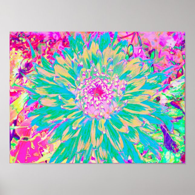 Decorative Teal Green and Hot Pink Dahlia Flower Poster (Front)