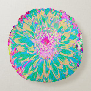 Decorative Teal Green and Hot Pink Dahlia Flower Round Pillow