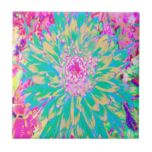 Decorative Teal Green and Hot Pink Dahlia Flower Tile