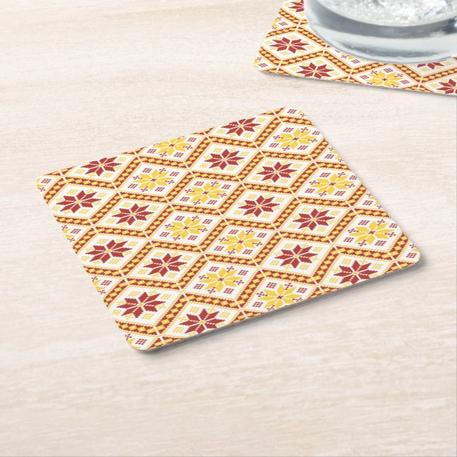Decorative Ukrainian cross stitch Square Paper Coaster (Angled)