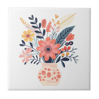 Decorative Vase and Flowers Illustrated Tile