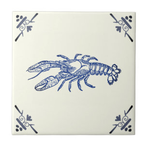 Decorative Vintage Blue Lobster on Ivory Tile