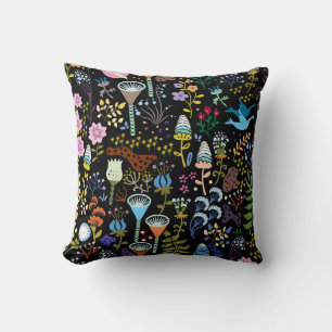 decorative, vintage scandinavian flowers on black throw pillow