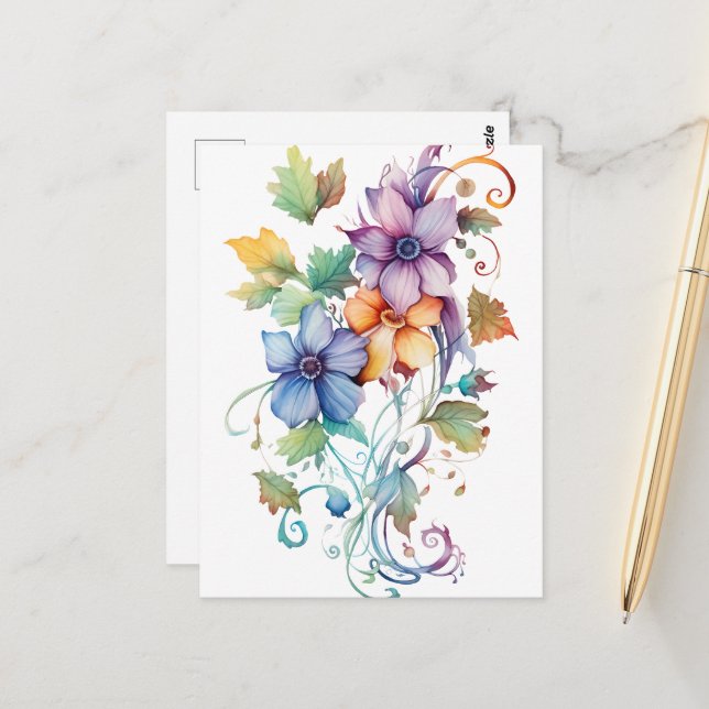 Decorative Watercolor Flowers Postcard (Front/Back In Situ)