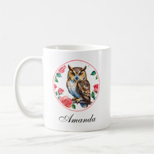 Decorative Watercolor Owl with Roses Coffee Mug