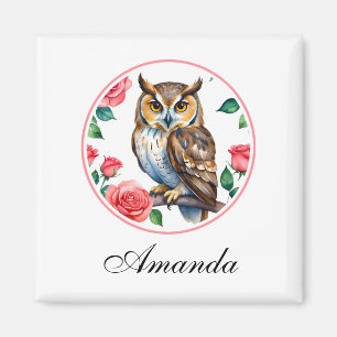 Decorative Watercolor Owl with Roses Magnet