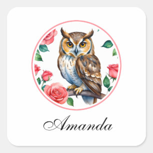 Decorative Watercolor Owl with Roses Square Sticker