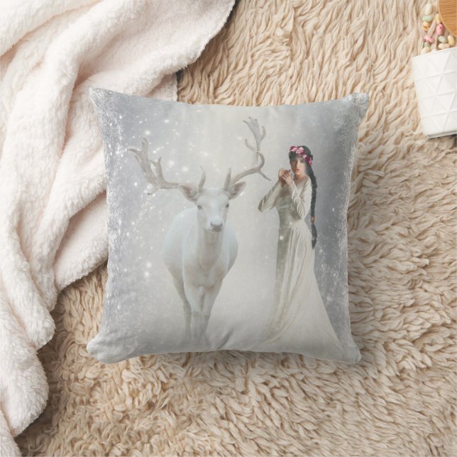 Decorative White Snow Reindeer Happy Holidays Throw Pillow (Blanket)