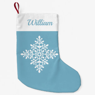 Decorative White Snowflake On Light Blue And Name Small Christmas Stocking