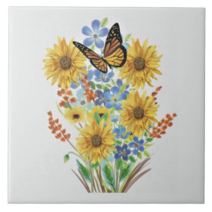 Decorative Wildflower Bouquet and Butterfly Tile