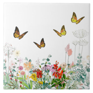 Decorative Wildflowers and Butterflies Tile