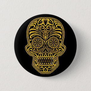 Decorative Yellow and Black Sugar Skull 2 Inch Round Button