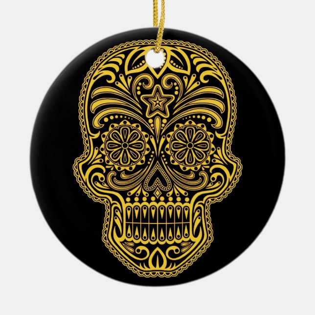 Decorative Yellow and Black Sugar Skull Ceramic Ornament (Front)