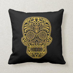 Decorative Yellow and Black Sugar Skull Throw Pillow