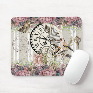 Decoratived vintage clock Floral and birds pink Mouse Pad