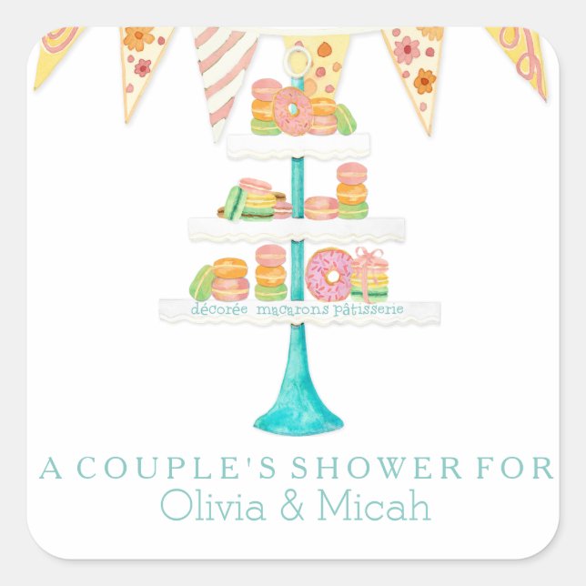 Décorée Macarons Pâtisserie Bunting Couples Shower Square Sticker (Front)