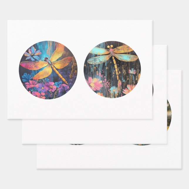 Decoupage 12" Circle Rounds Dragonfly Floral  Wrapping Paper Sheet (Set)