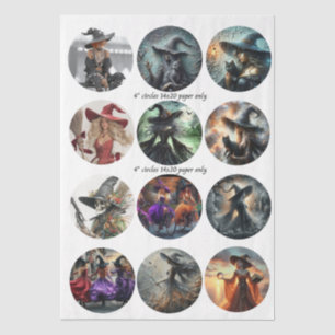 Decoupage 12 Witch Coaster Set 4" Circle Designs  Tissue Paper