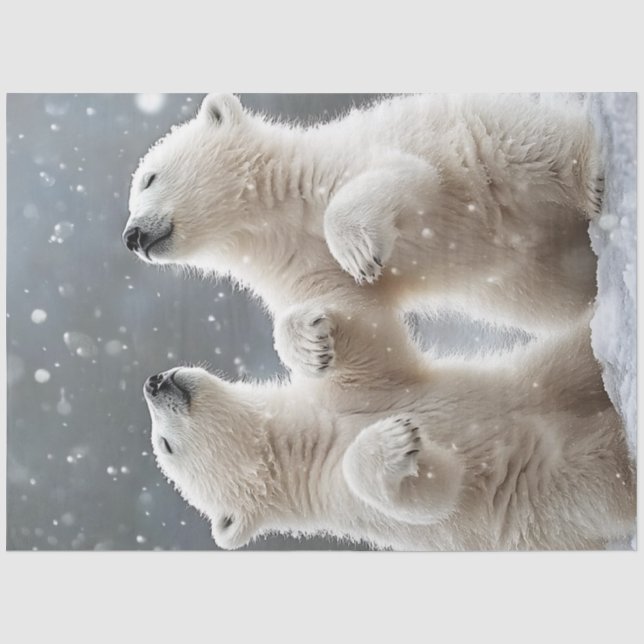Decoupage 2 Polar Bear Cubs Playing in Snow Tissue Paper (Front)