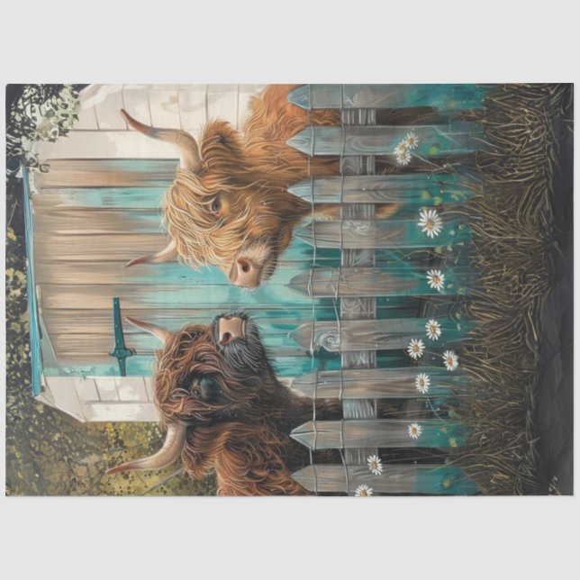 Decoupage 2 Whimsical Shaggy Highland Cows Fence  Tissue Paper (Front)