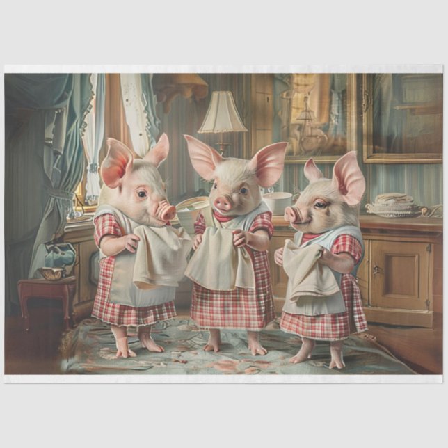 Decoupage 3 Little Pigs Chequered Clothes Kitchen Tissue Paper (Front)