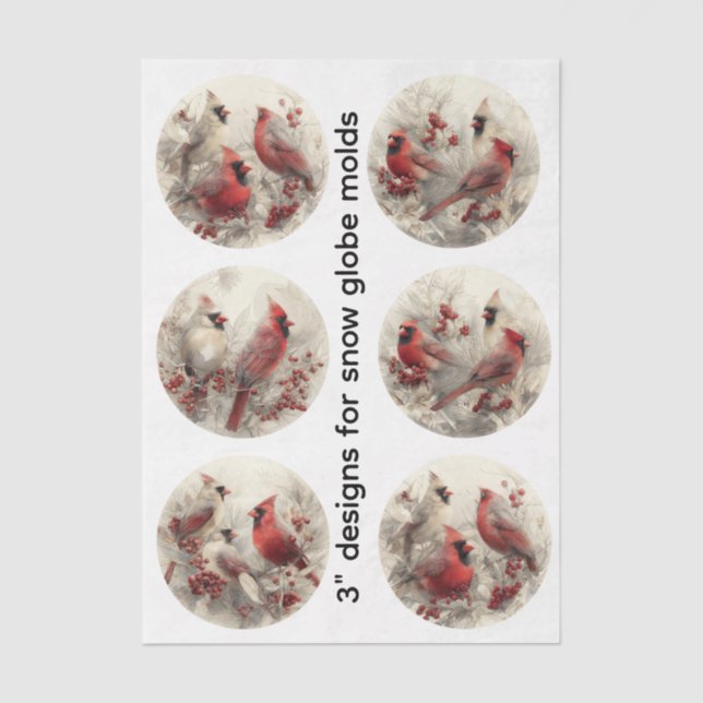 Decoupage 3" Snow Globe Moulds Cardinals Winter Tissue Paper (Front)