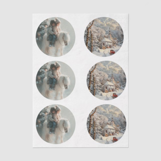 Decoupage 3" Snow Globe Moulds Child Horse Winter  Tissue Paper (Front)